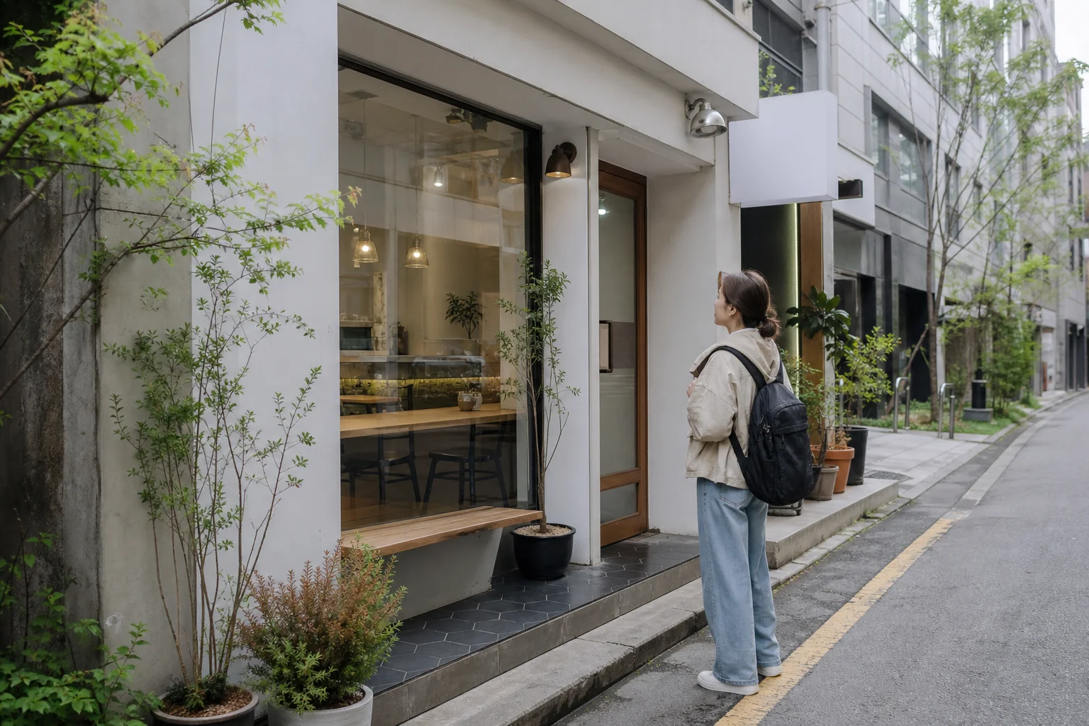 A traveler checking a small neighborhood cafe entrance on a quiet Seoul street