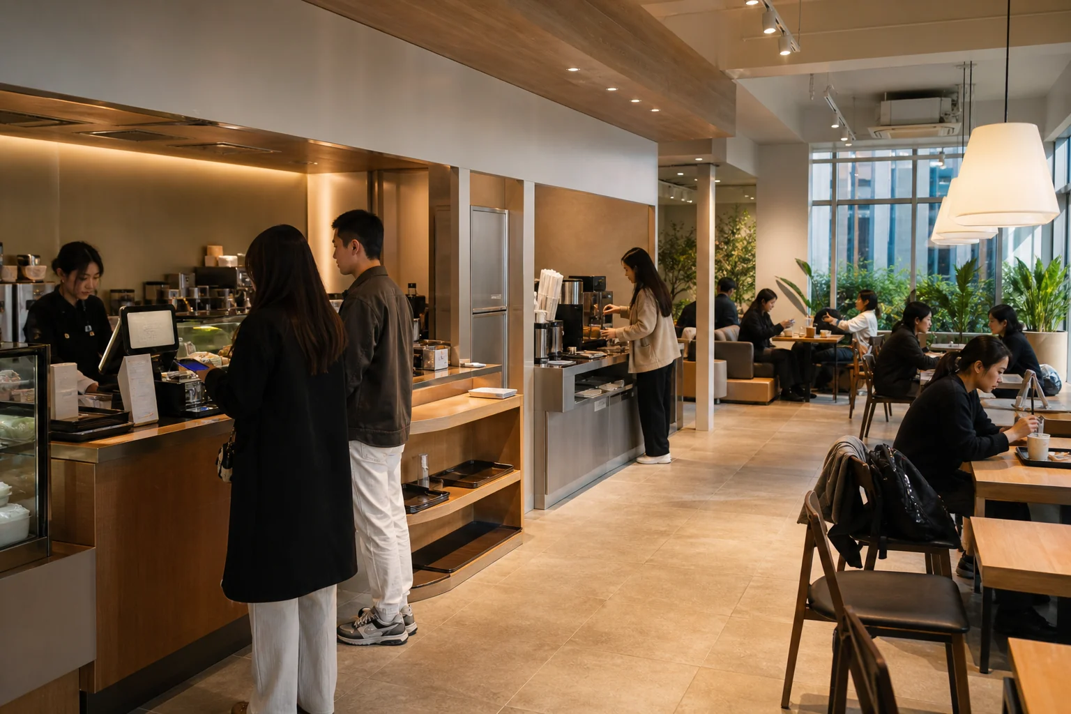 A modern Korean cafe showing the counter, pickup area, water station, and different seating zones