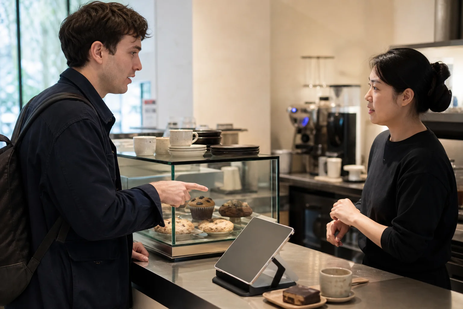 A traveler ordering a pastry from a barista at a contemporary cafe counter in Seoul