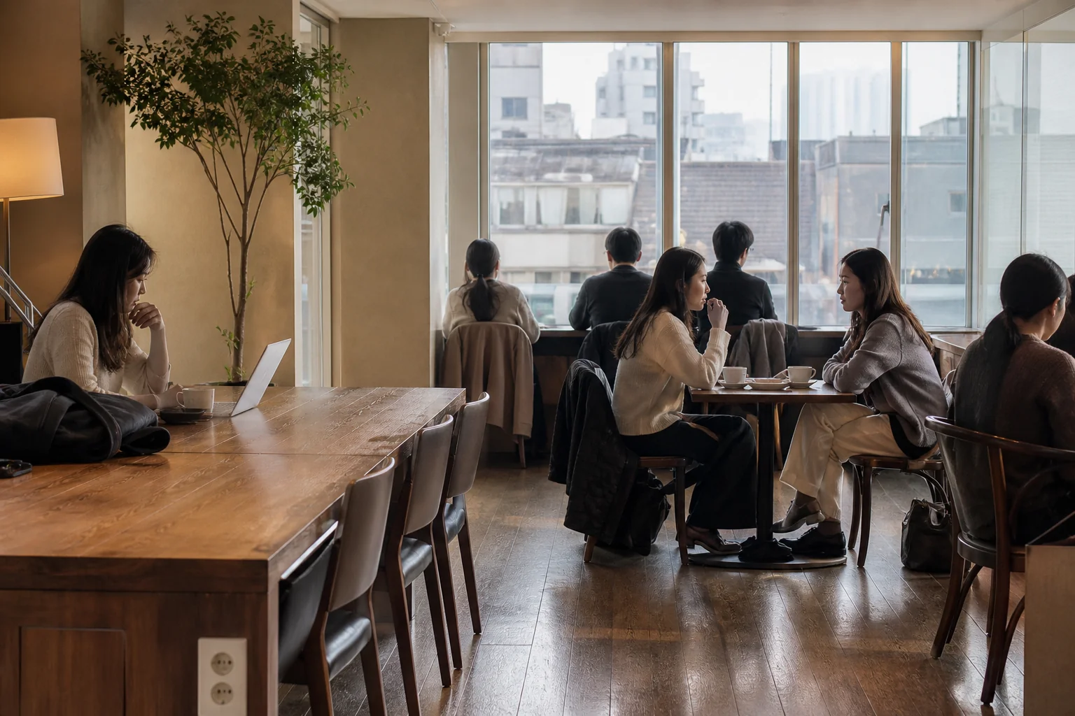 Quiet Korean cafe seating with a laptop user, friends talking softly, and bags kept close
