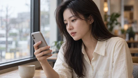 A woman pausing to read her phone beside a cafe window, with the screen turned away
