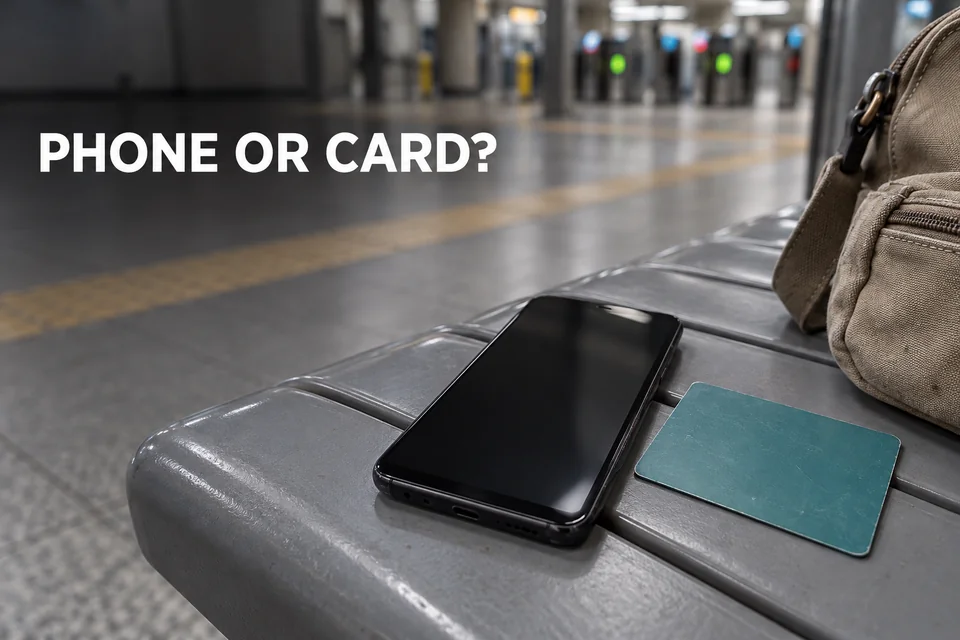 A phone with its screen off and a plain transit card beside a day bag in a subway concourse