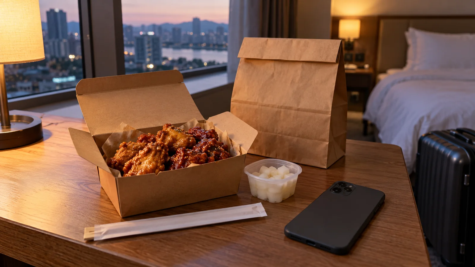 Korean delivery chicken, a paper bag and a phone on a hotel room desk