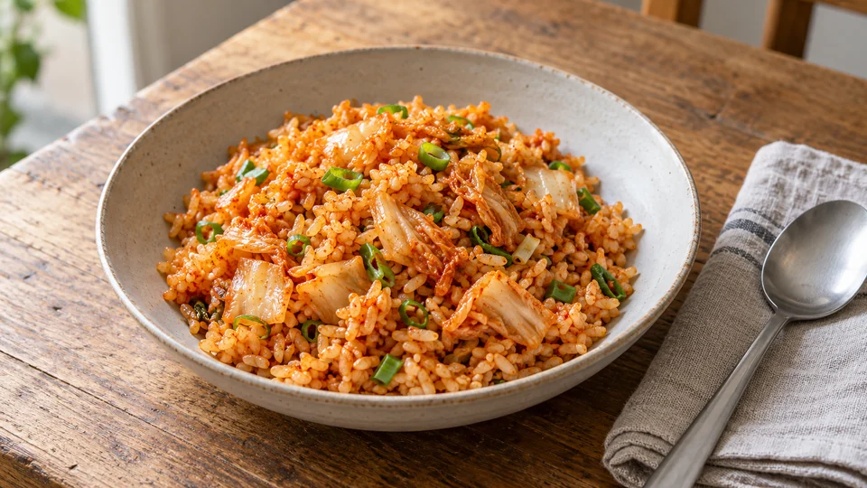 A modest serving of kimchi fried rice with visible rice grains, chopped cabbage and scallion