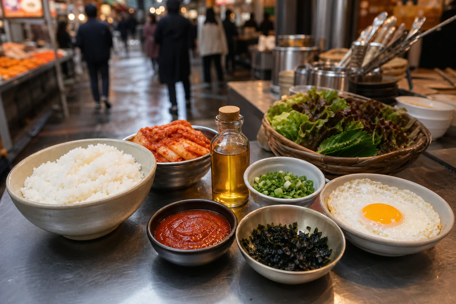 Essential Ingredients: Rice, Kimchi, Oil, Sauce, and Toppings