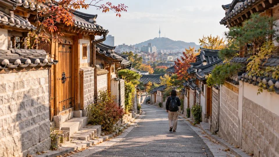 A traveler walking down a quiet lane between traditional Korean hanok houses
