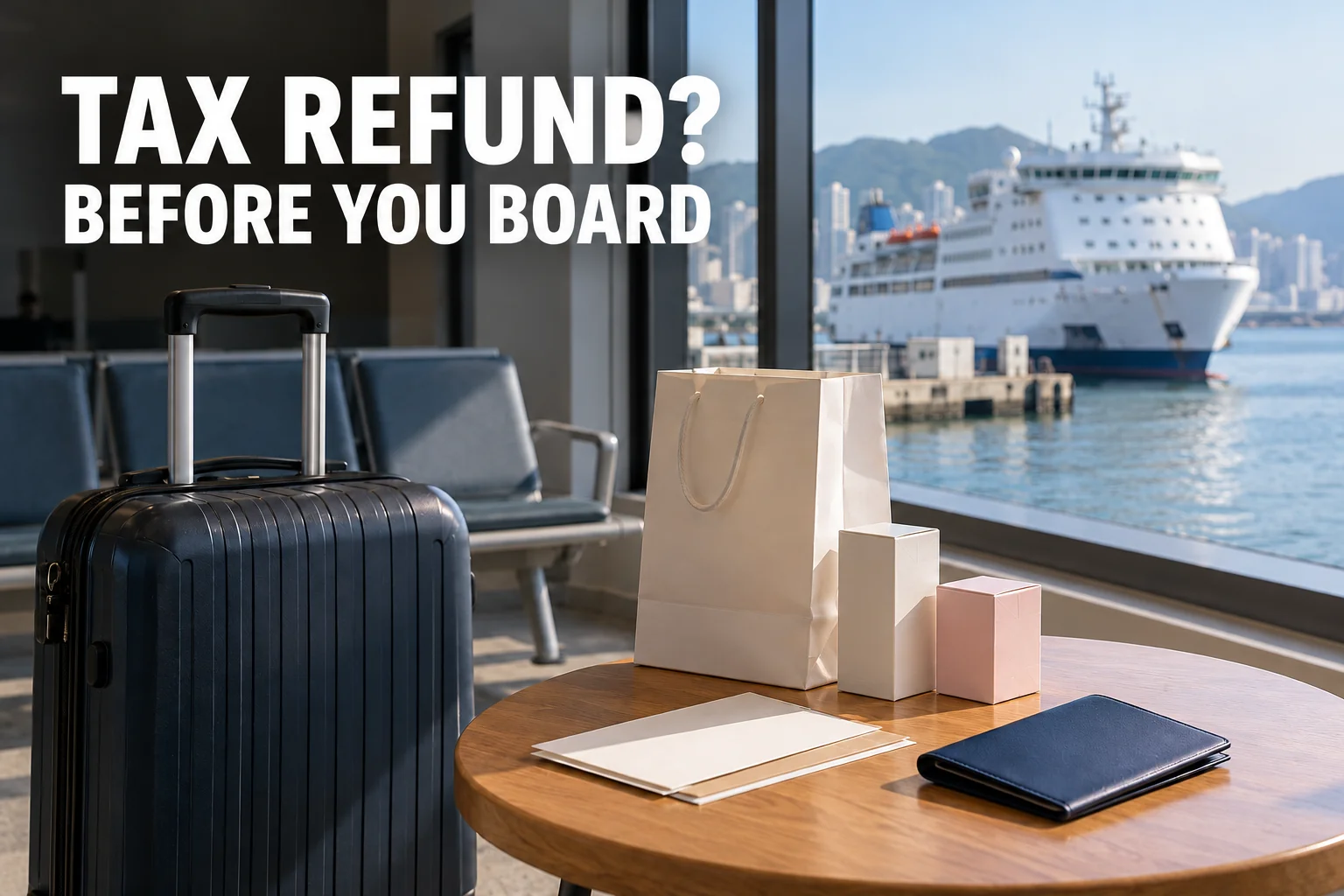 A suitcase, shopping bag and travel documents beside a window overlooking a passenger ferry