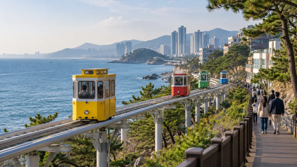 Small coastal rail capsules above a seaside walkway.
