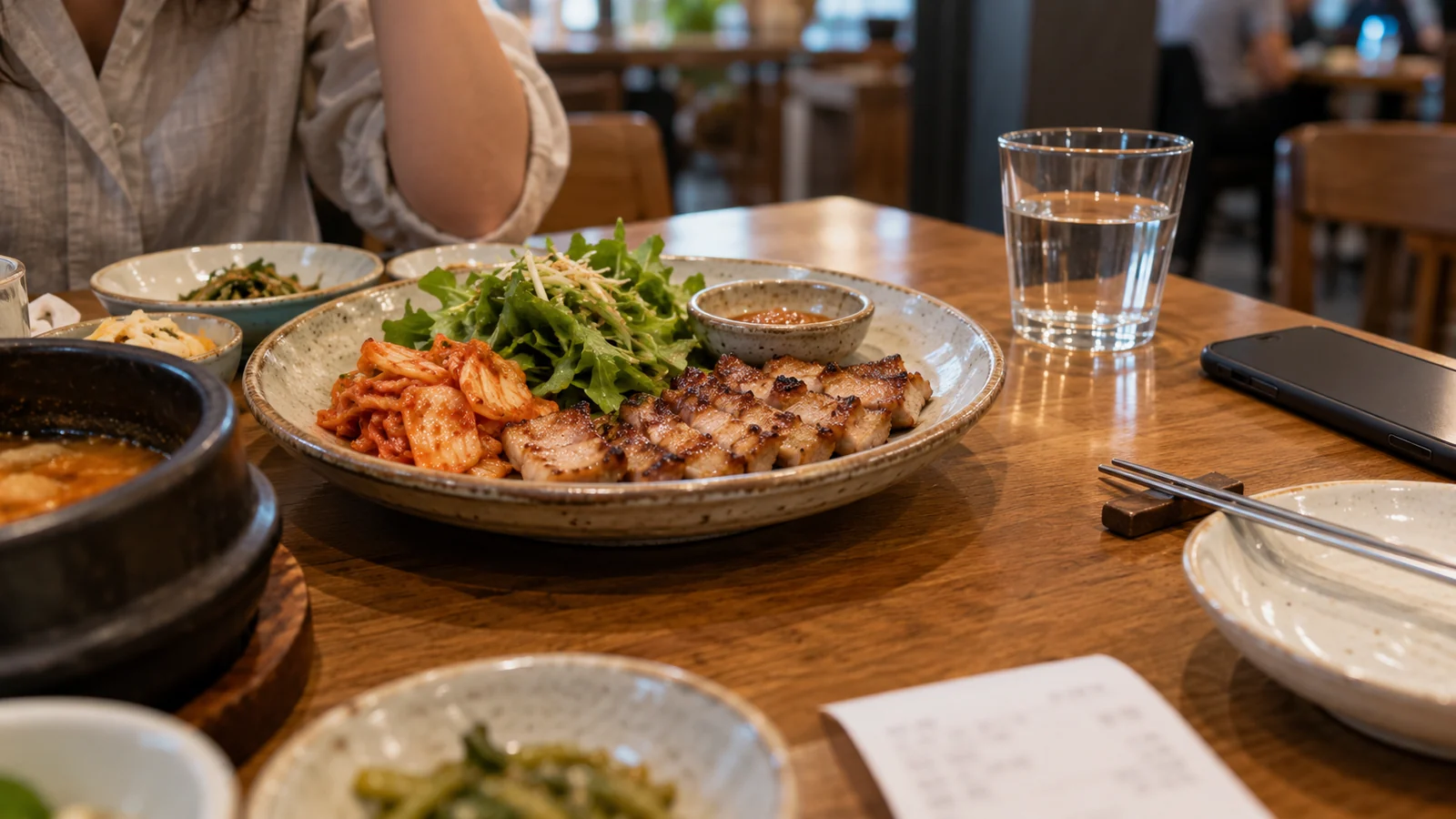 A restaurant table with a phone, receipt and a place setting.