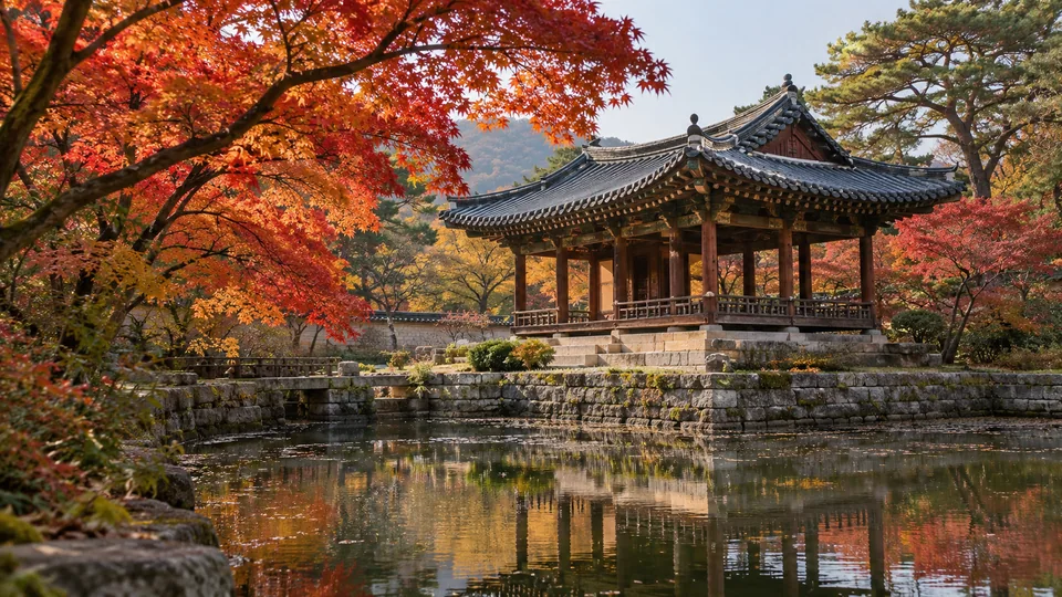 A traditional Korean garden pavilion beside a quiet pond.