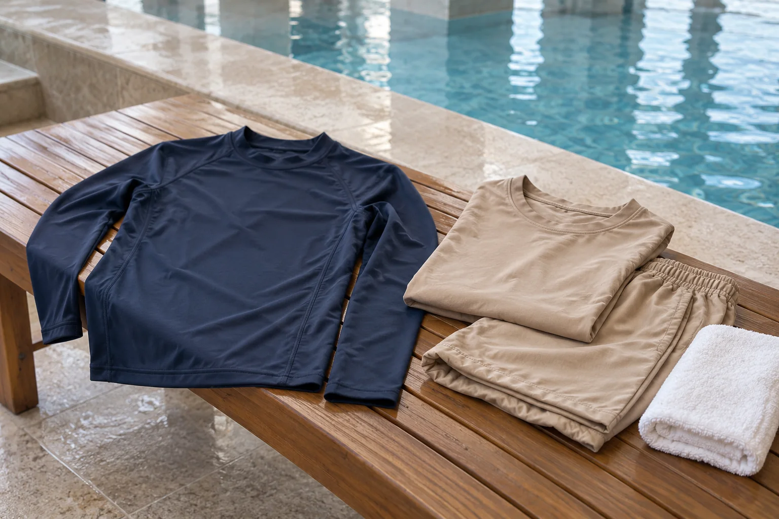 A navy long-sleeved swim shirt beside folded beige spa clothing and a towel on a bench near an indoor pool