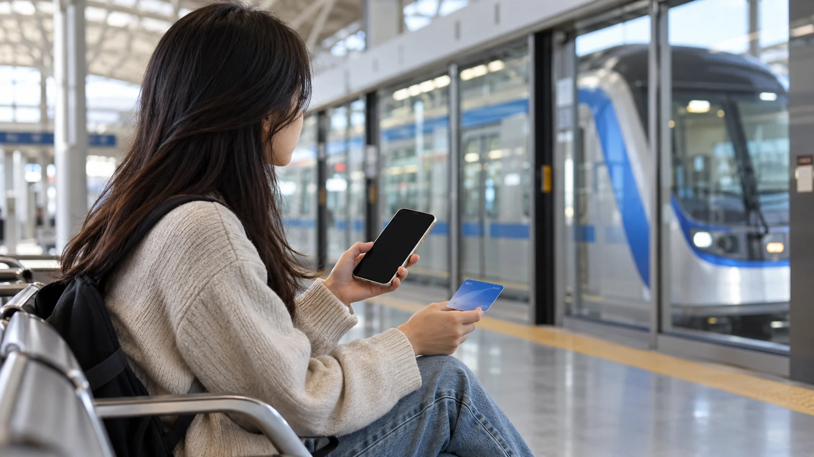 A phone and travel pass near an airport train platform.