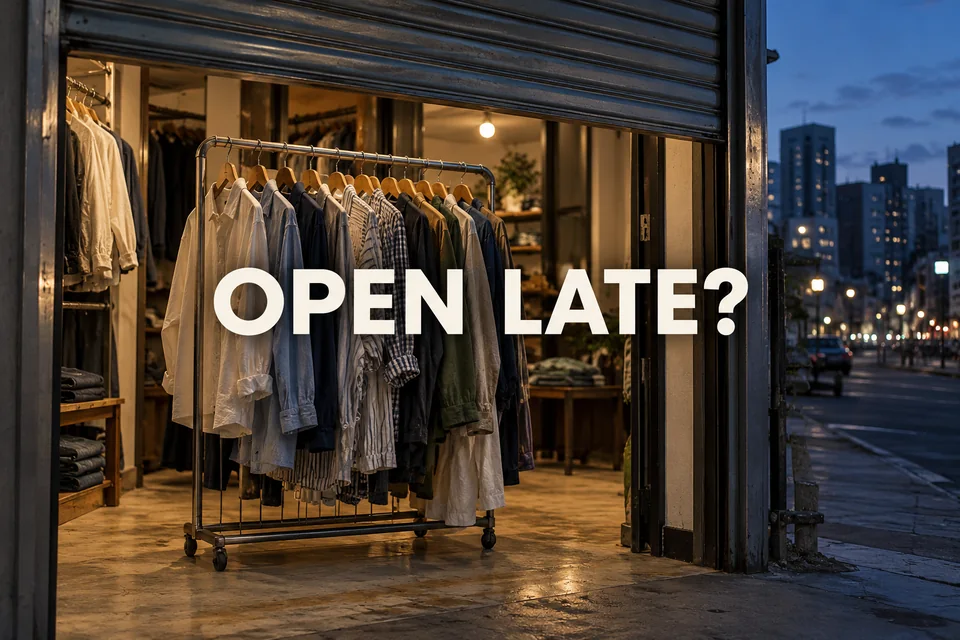 A clothing shop at dusk with a partly lowered shutter and the editorial question OPEN LATE?