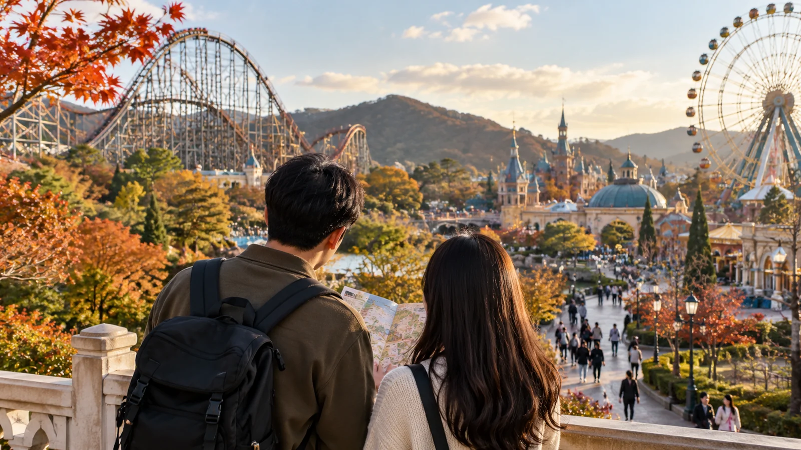 Visitors choosing their next attraction at a theme park.