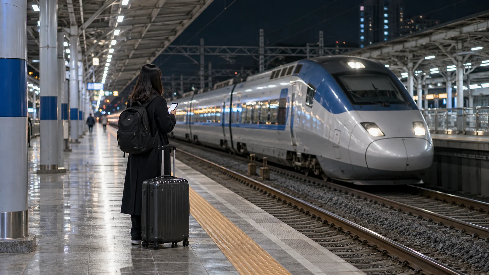 A high-speed train waiting at a station after dark.