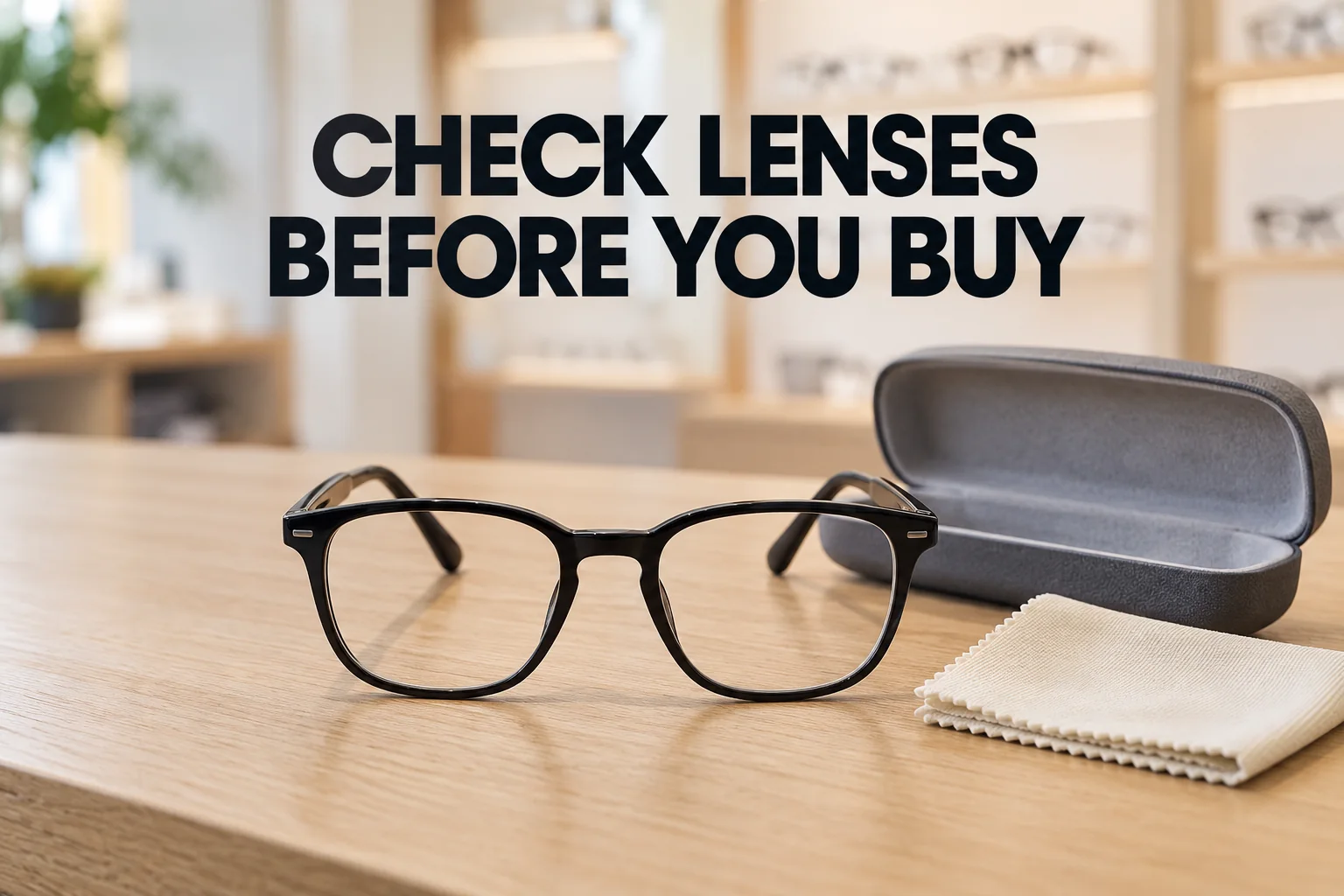 Unbranded black glasses beside an open case, with the reminder CHECK LENSES BEFORE YOU BUY