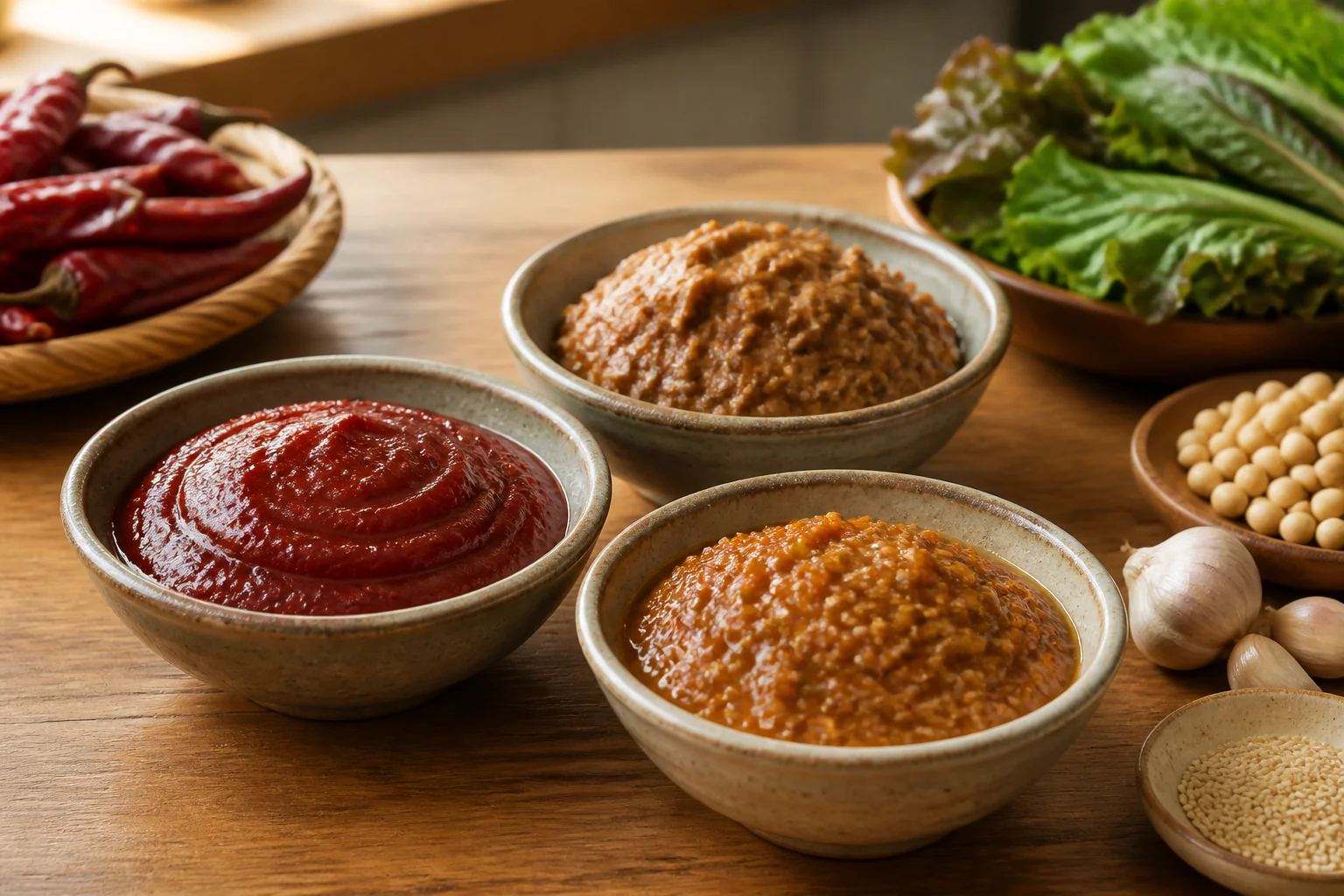 Gochujang, doenjang, and ssamjang in three bowls with Korean pantry ingredients