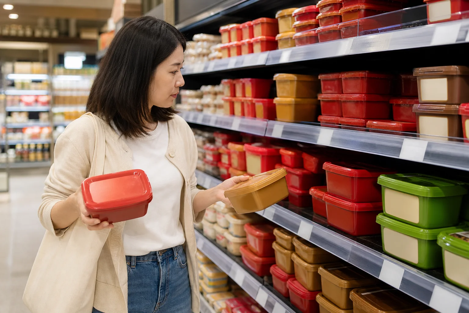 A shopper comparing three kinds of Korean fermented paste