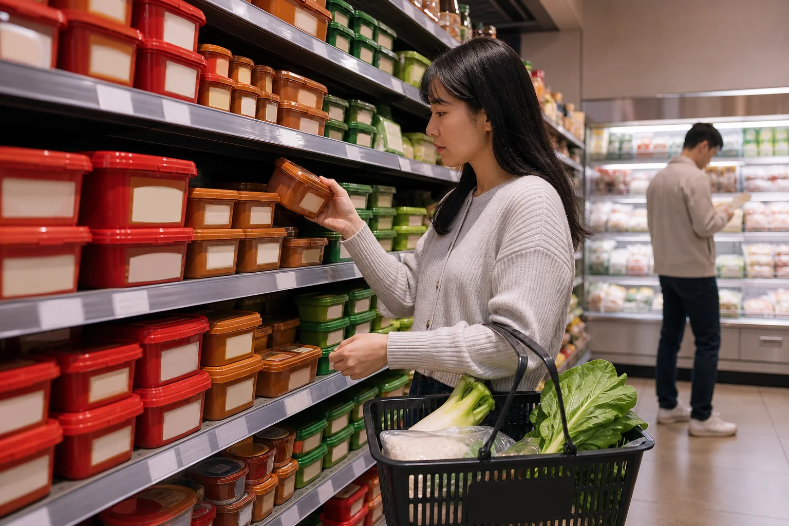 Korean grocery aisle with a shopper choosing fermented paste