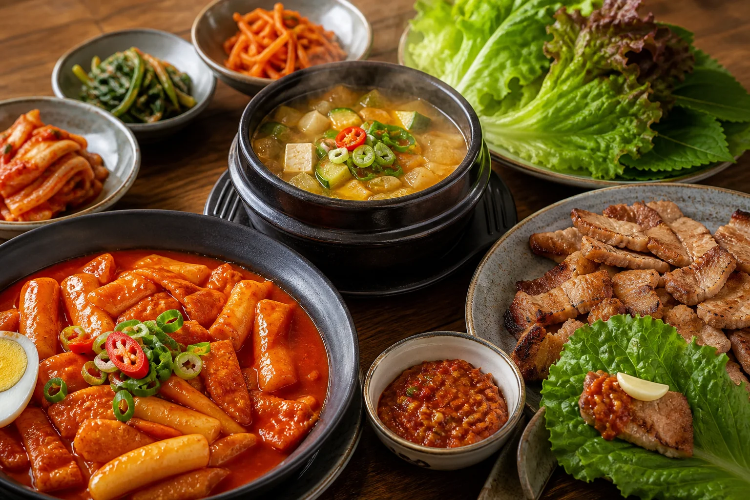 Tteokbokki, doenjang stew, and lettuce wraps showing three Korean paste uses
