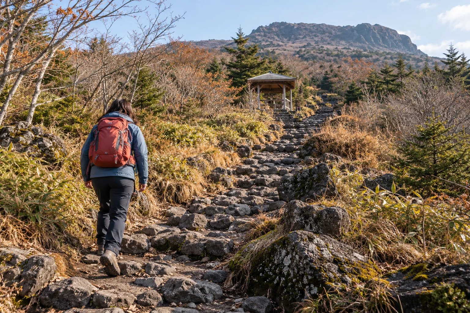 Backpacked hiker on a rocky uphill forest trail with a small shelter farther ahead