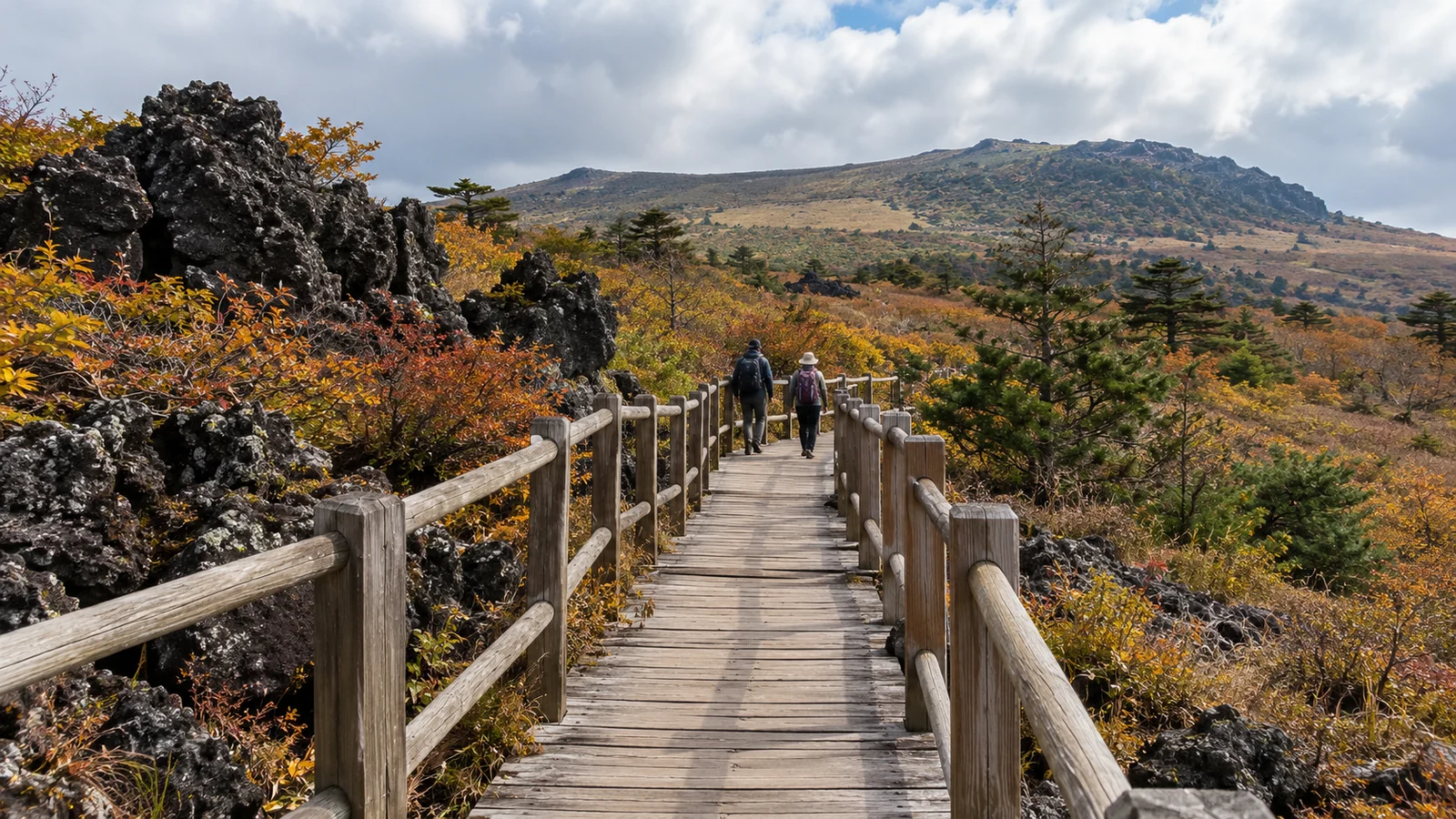 An autumn walking trail through volcanic mountain woodland.