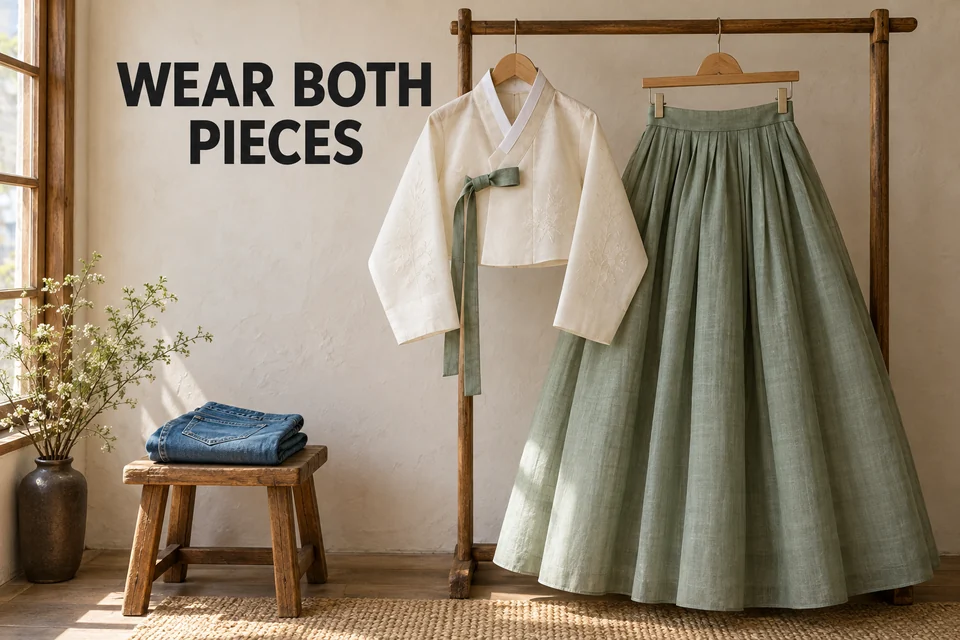 An ivory hanbok jacket and sage-green skirt displayed together beside folded jeans, with the editorial reminder WEAR BOTH PIECES