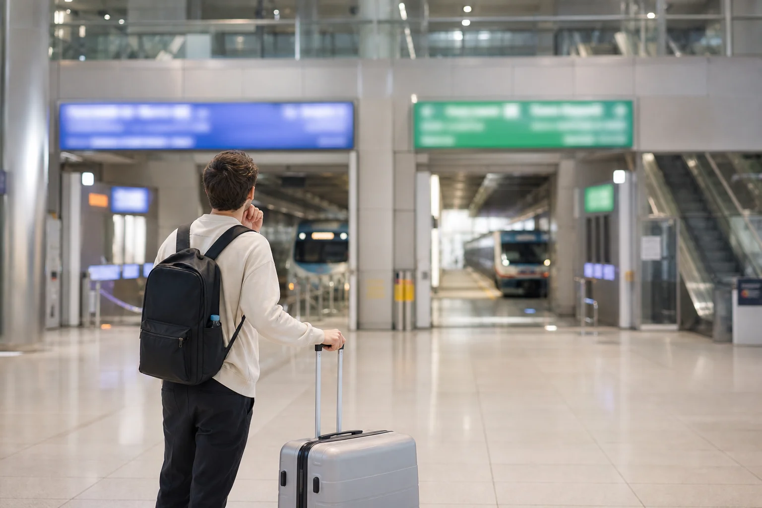 Traveler choosing between two airport train entrances at Incheon Airport