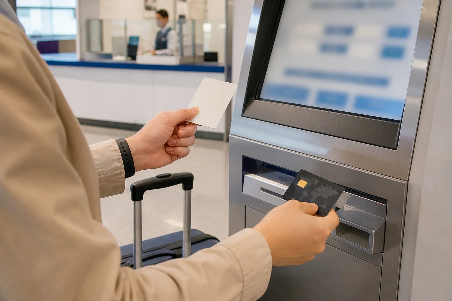 Traveler buying an airport railroad ticket at a station machine