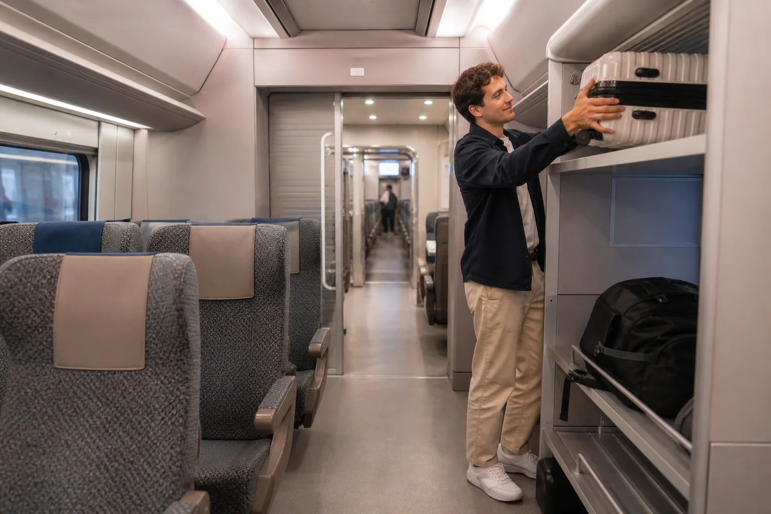 Traveler placing luggage in storage inside a comfortable airport express train