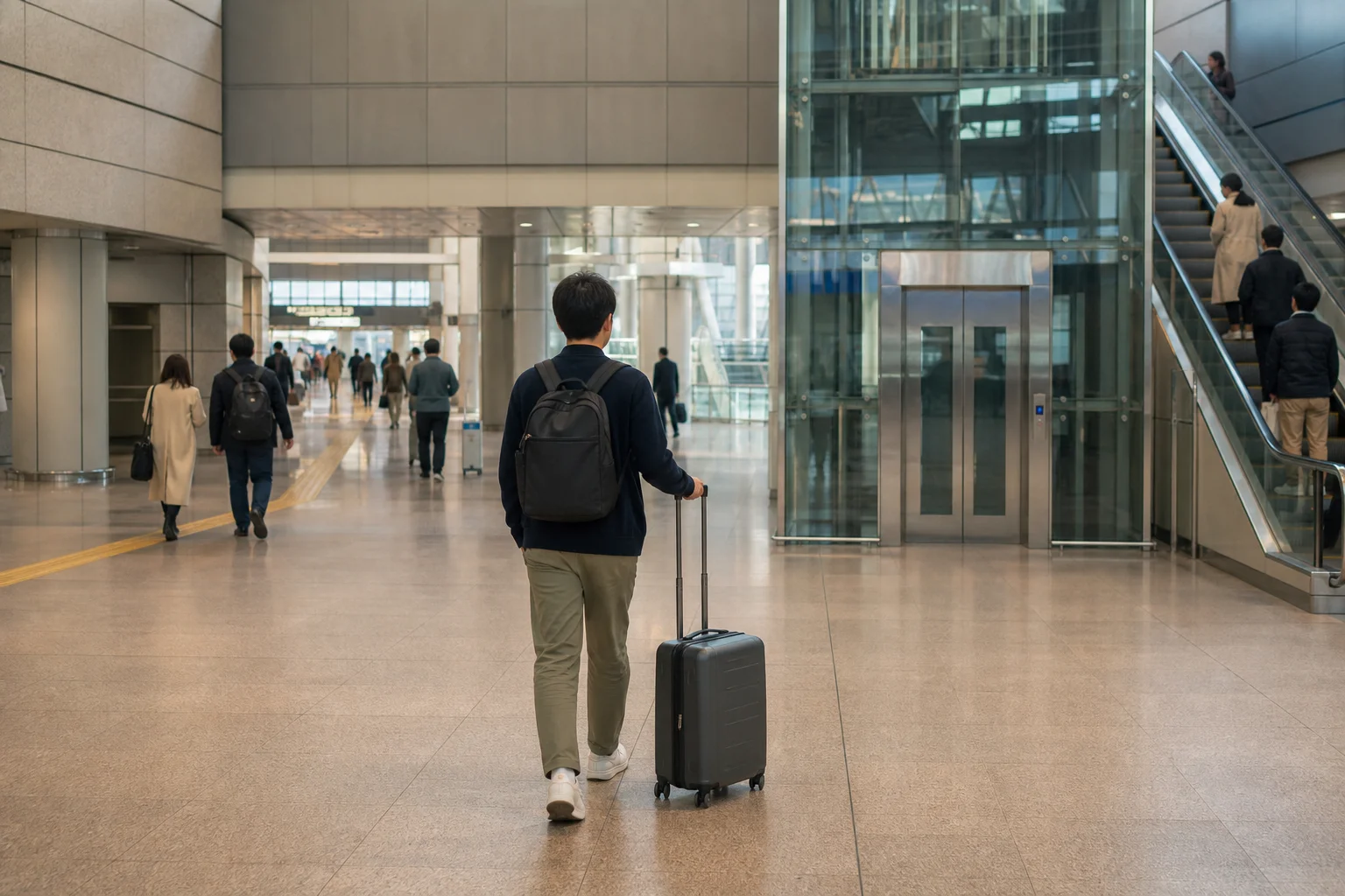 Traveler navigating Seoul Station with a suitcase near an elevator and escalator