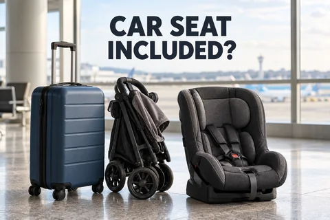 An empty child car seat, folded stroller and suitcase with the question CAR SEAT INCLUDED?