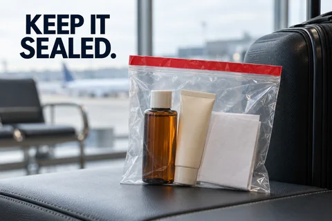 An intact red seal across a clear pouch holding cosmetics and a folded receipt beside a carry-on suitcase, with the reminder KEEP IT SEALED