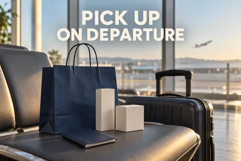 A plain shopping bag, sealed cosmetic cartons and passport cover beside a cabin suitcase, with the reminder PICK UP ON DEPARTURE