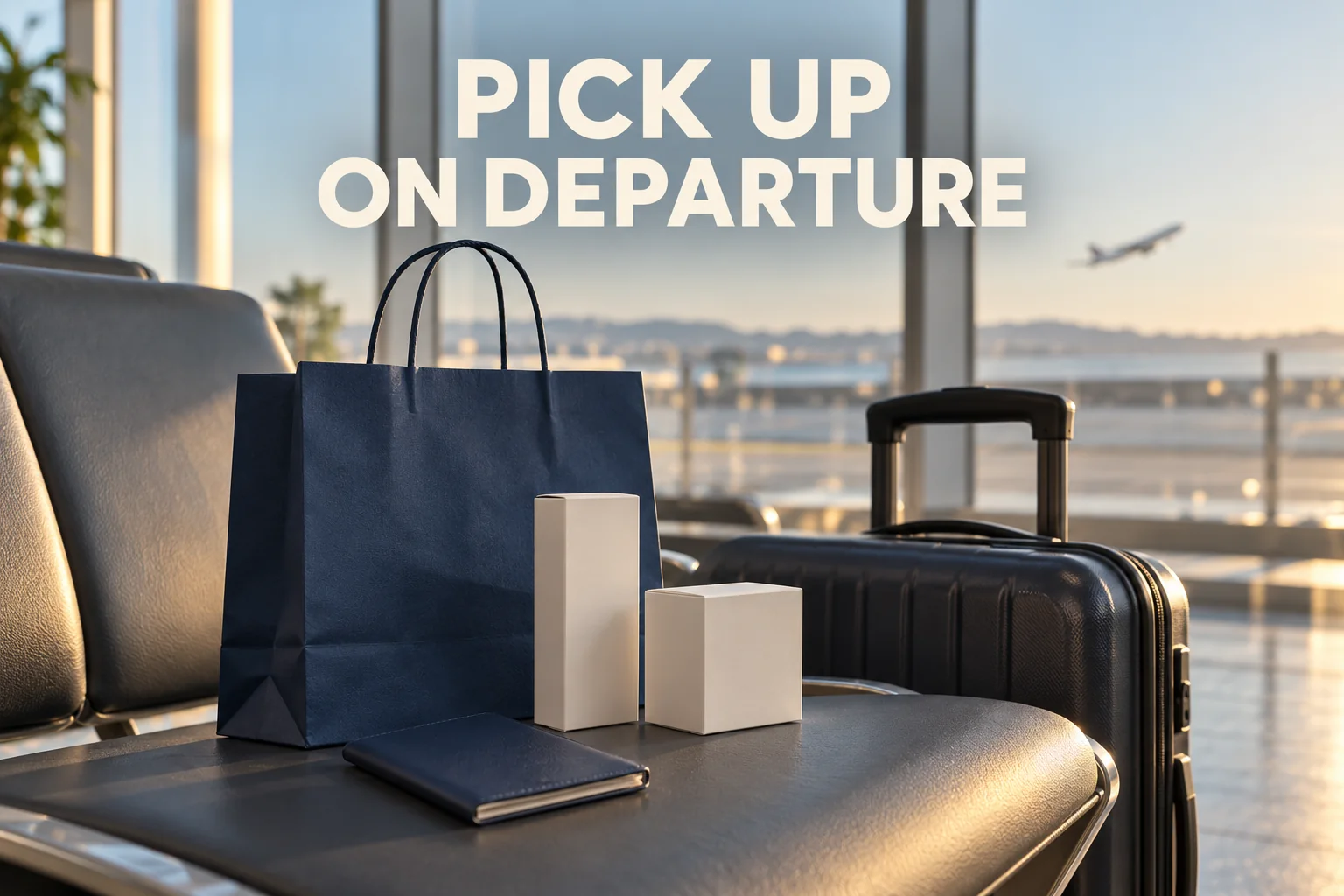 A plain shopping bag, sealed cosmetic cartons and passport cover beside a cabin suitcase, with the reminder PICK UP ON DEPARTURE