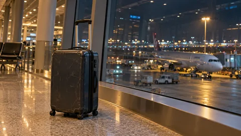 A suitcase waiting at a quiet airport concourse in the evening.
