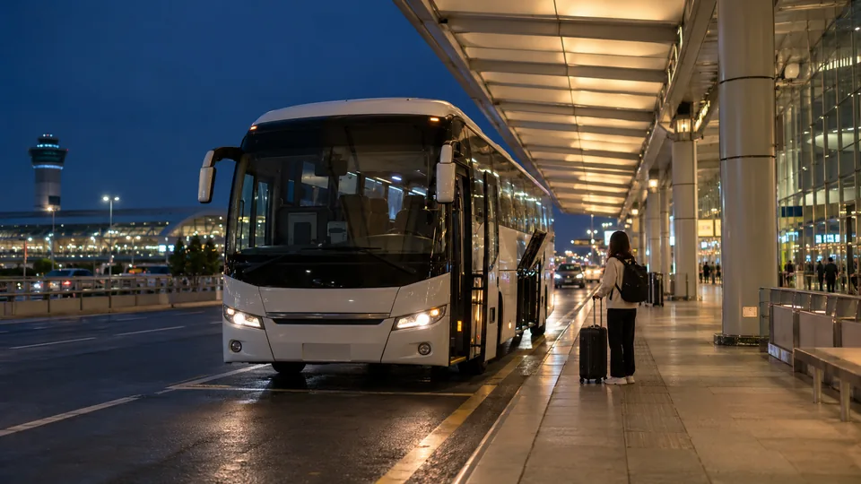 An airport coach waiting under curbside lights at night.
