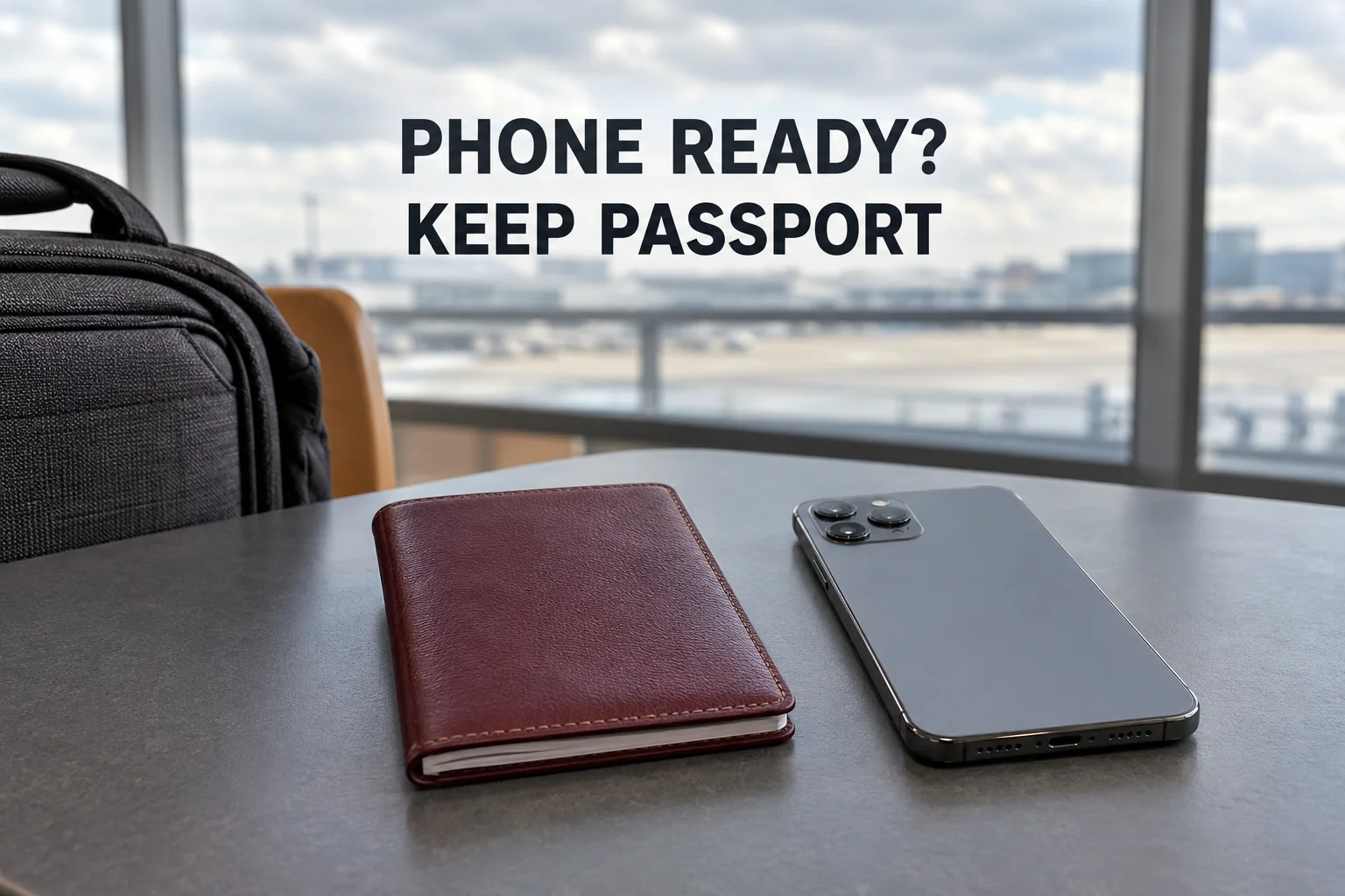 A closed passport cover and face-down phone beside a travel bag, with the reminder PHONE READY? KEEP PASSPORT