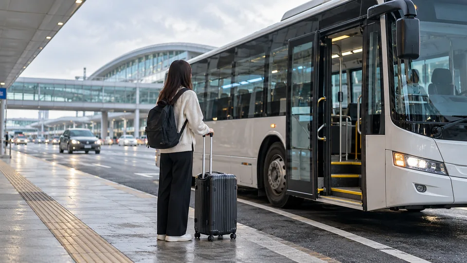 A traveler with luggage beside an airport shuttle bus.