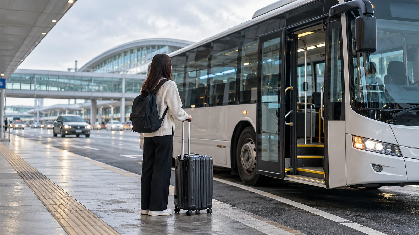 A traveler with luggage beside an airport shuttle bus.