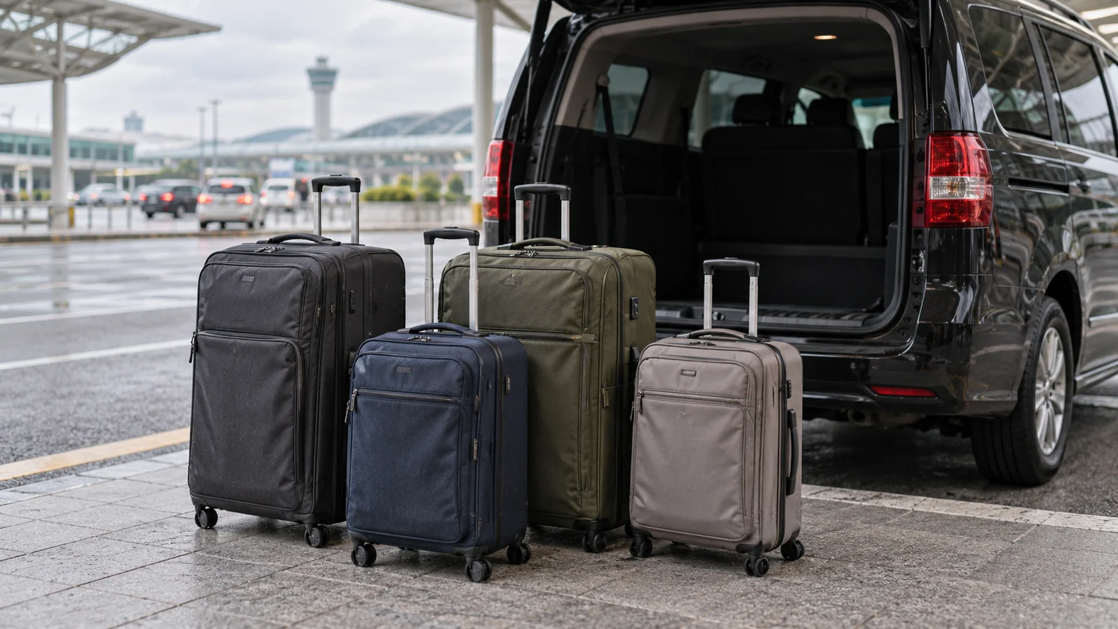 Four suitcases beside the open rear of a passenger van at an airport curb