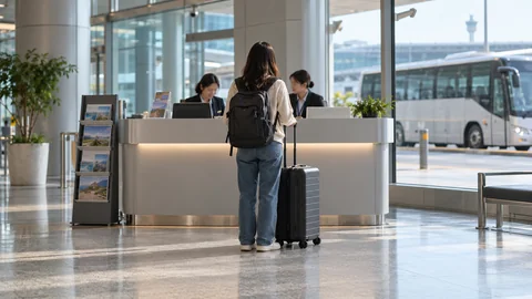 A traveler with luggage at an airport visitor counter, with a coach outside