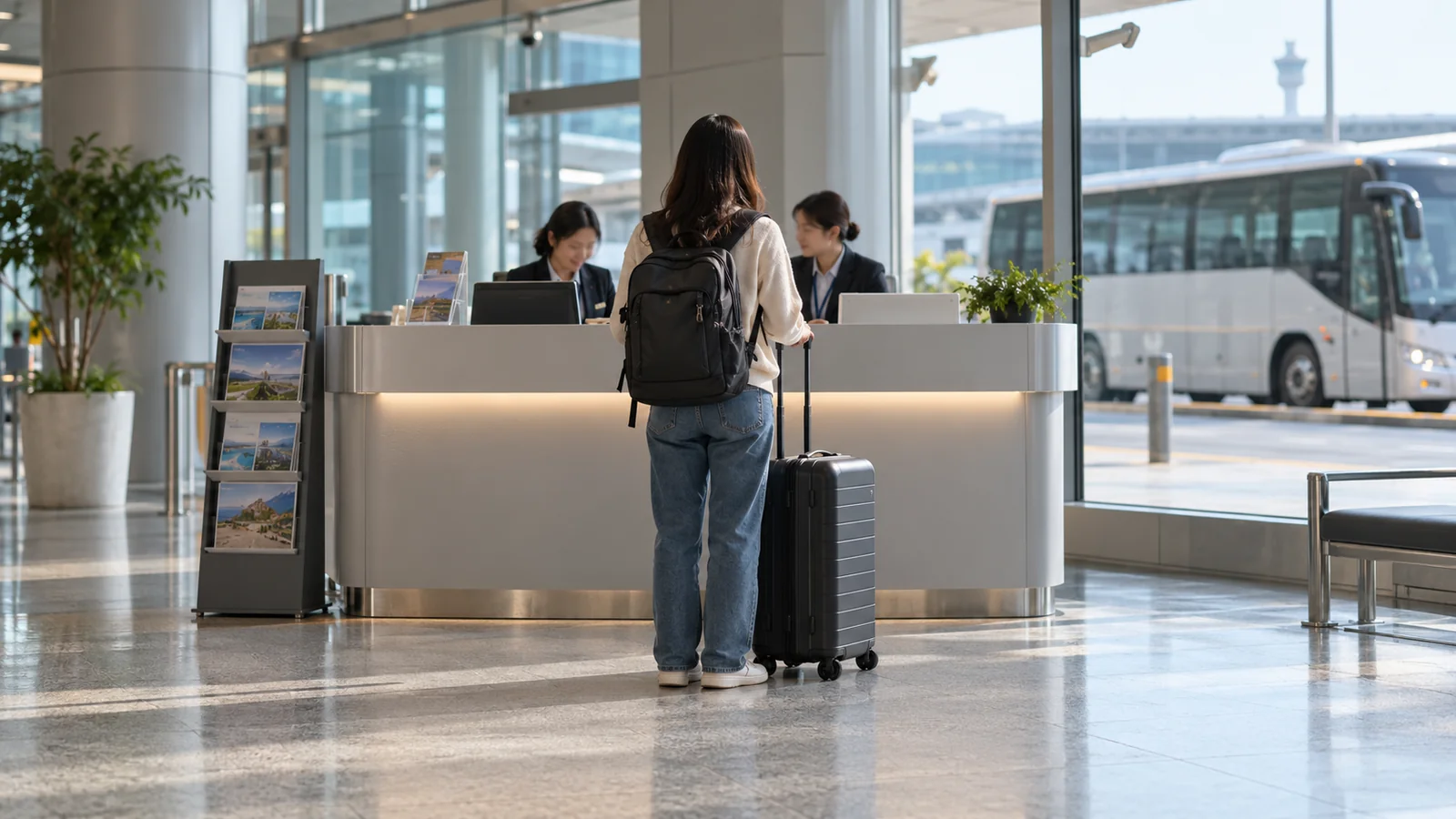 A traveler with luggage at an airport visitor counter, with a coach outside
