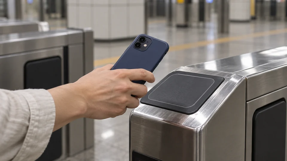 A traveler holding a smartphone above a subway gate reader with the screen turned away
