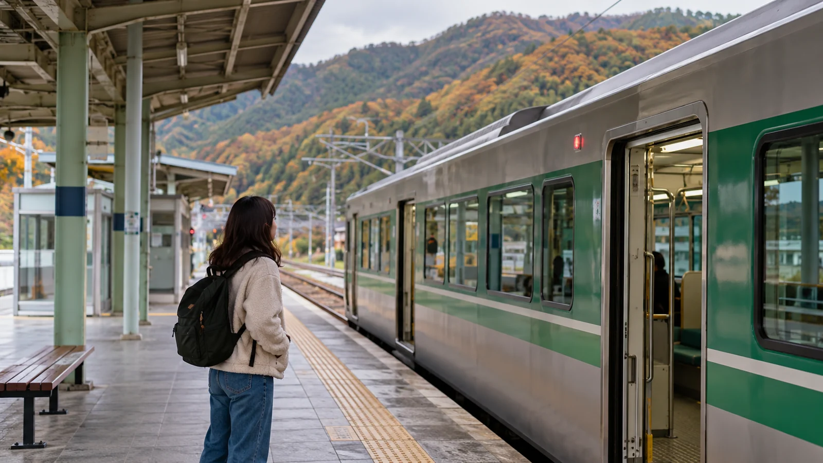 A regional train and a traveler waiting on the platform.