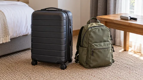A cabin suitcase and a smaller fabric backpack beside a luggage scale in an illustrative hotel room
