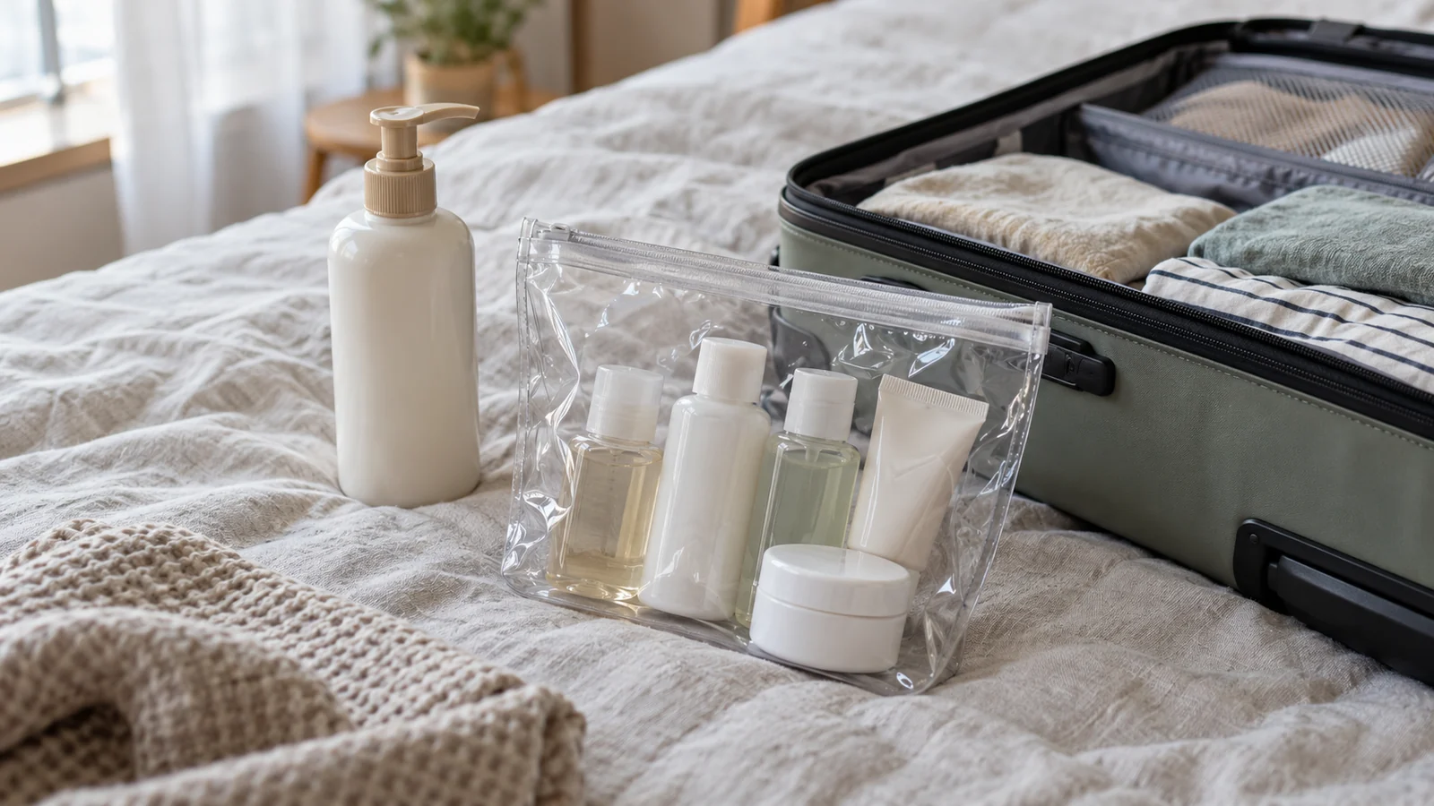 Travel-size toiletries and a larger bottle beside a clear liquids bag.