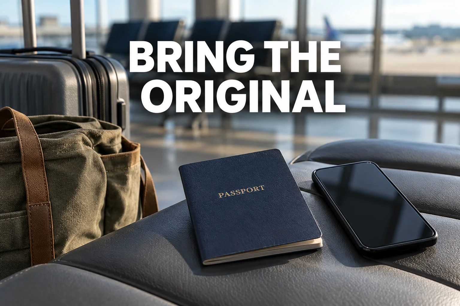 A closed passport beside a dark-screen phone and carry-on bag, with the editorial reminder BRING THE ORIGINAL