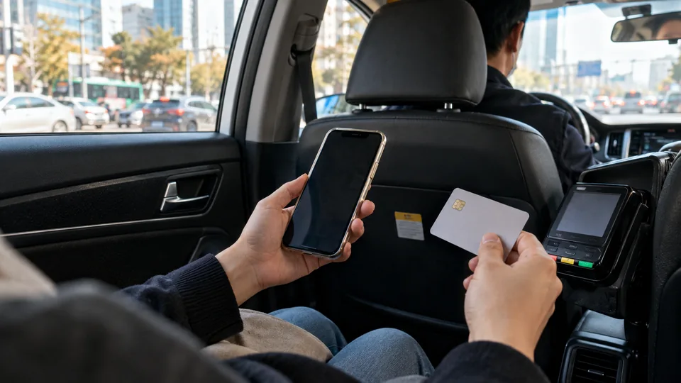 A passenger with a phone and card in a taxi.