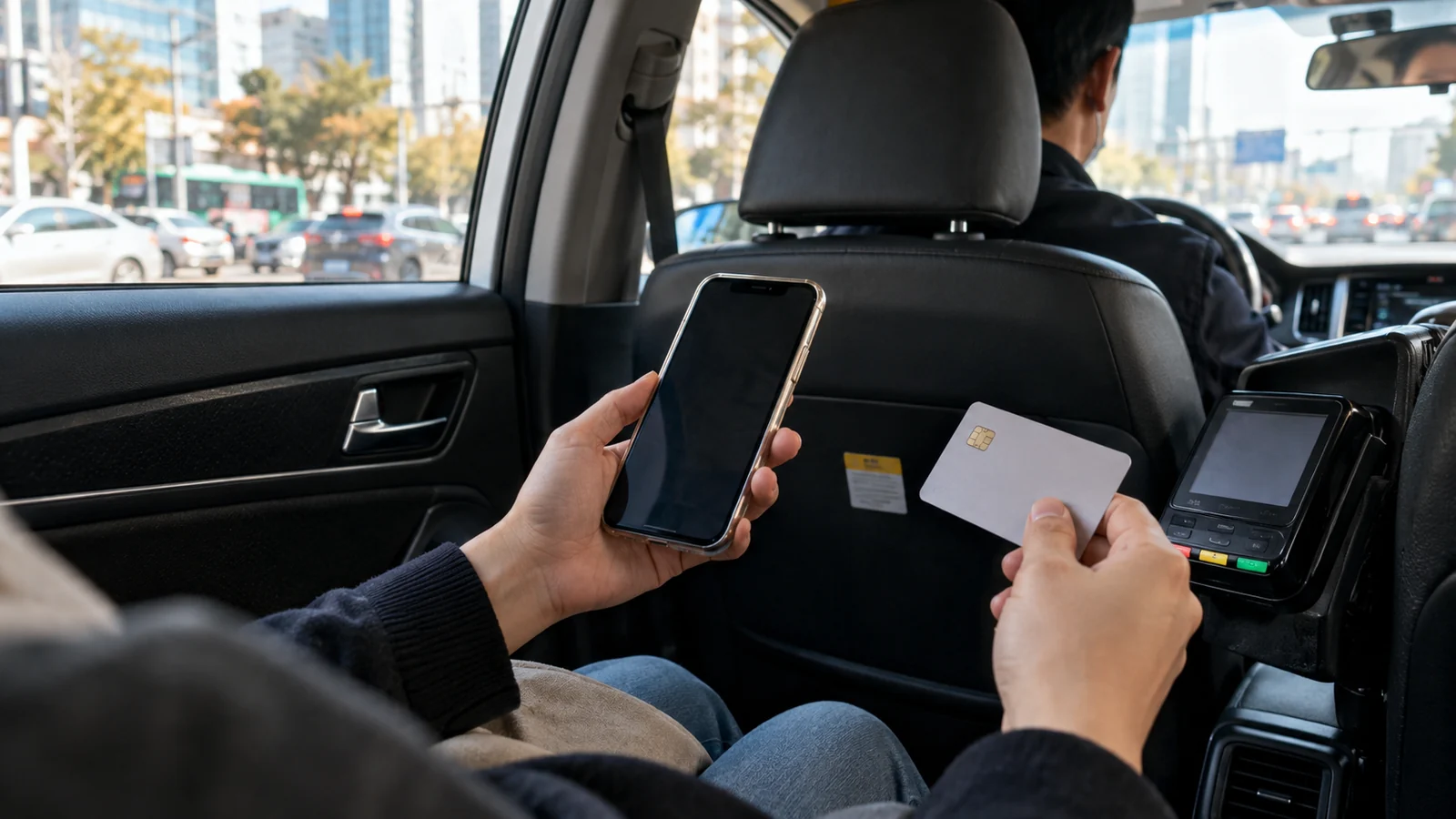 A passenger with a phone and card in a taxi.